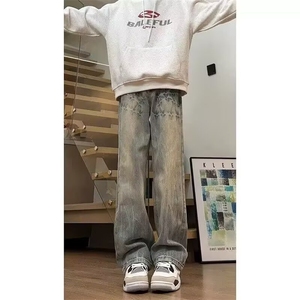 AK2112-P50美式高街闪电爆裂纹直筒微喇牛仔裤图片