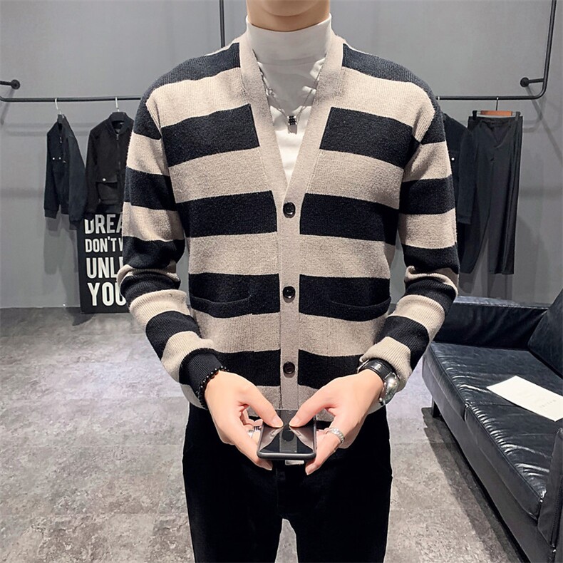 店主风秋冬男装新款针织衫外套社会条纹开衫毛衣C301B-KS03图片