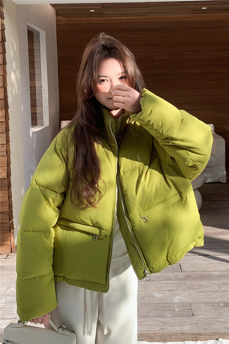 韩系设计感绿色针织领羽绒服女2025冬季小个子保暖加厚白鸭绒外套,女装羽绒服,艾米莉亚
