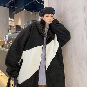 2022衣宽松外套韩版潮流秋季羊羔毛连帽撞色服 W5715-P42图片