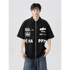 405A高街美式设计感拉链装饰印花衬衫短袖T恤CS03-P45控68，男装T恤，星座405A