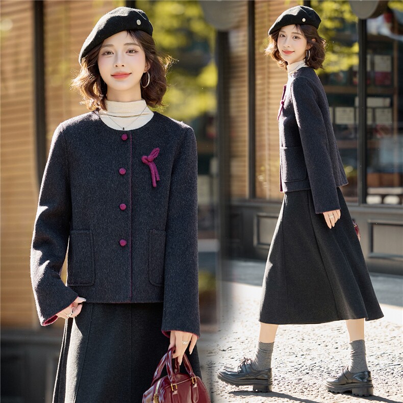 小香风温柔气质短款毛呢外套女2025秋冬新款时尚撞色双面羊毛大衣，女装双面呢大衣，沁沁公主