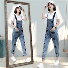 牛仔背带裤女2021年夏季新款时尚韩版宽松复古港味可爱日系套装，女装套装/套裙，辉之琳