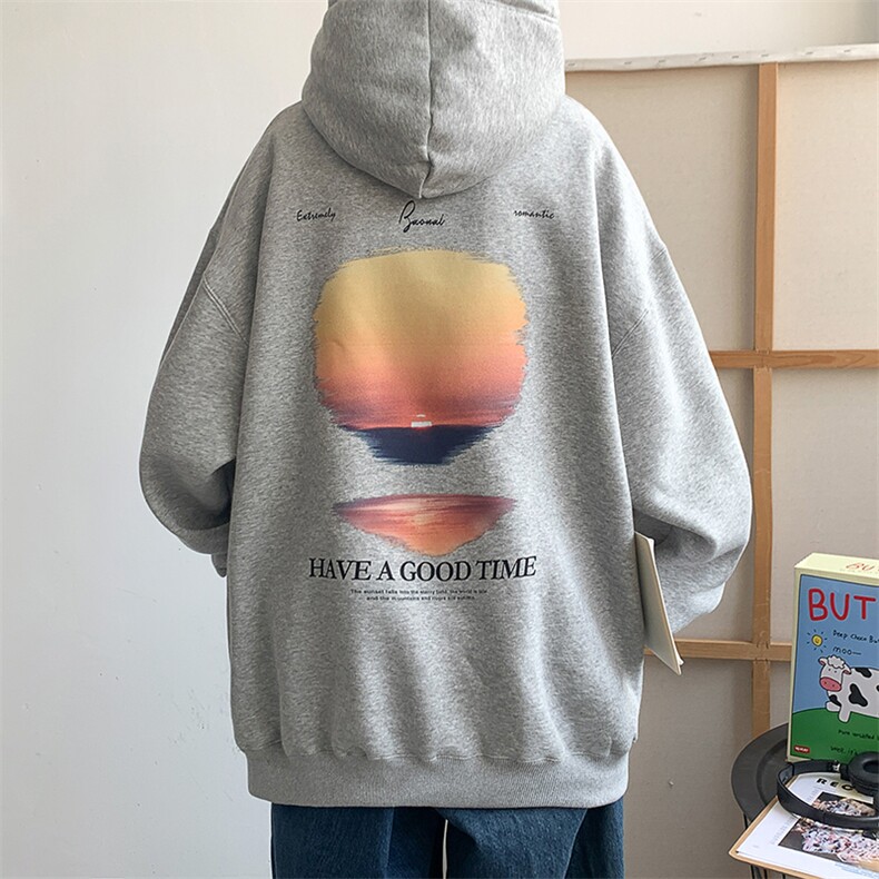 XZ517A-1-WY812P48控58港风大码夕阳风景印花连帽卫衣，男装卫衣，星座517A-1