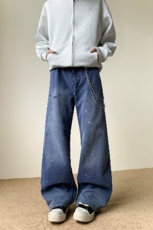 2025年新款春秋季美式复古泼墨白点渐变牛仔裤男宽松休闲阔腿长裤，女装牛仔裤，星座218-8