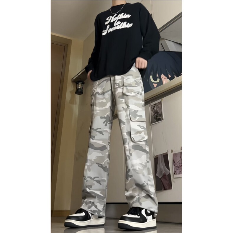 韩水洗做旧口袋阔腿宽松休闲伞兵裤迷彩口袋工装裤FK03P45,男装工装外套,电商D256