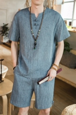 风夏款薄款棉麻休闲盘扣复古短袖T恤短裤男冰丝套装A807P55，男装牛仔裤，钱塘788(原4013)