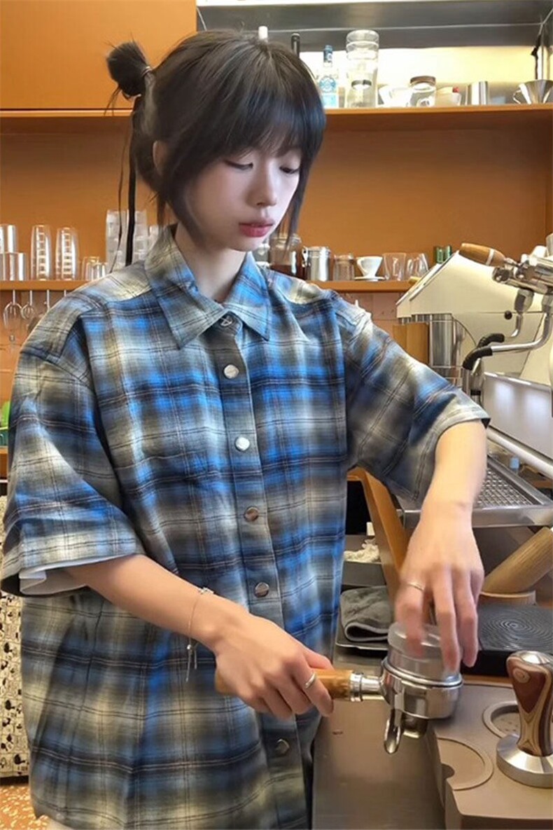 蓝色格子衬衫短袖美式格纹衬衣外套CS352特P35,男装衬衫,星座908-1