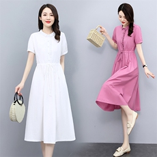 高档纯棉短袖连衣裙女夏季新款收腰显瘦薄款洋气减龄衬衫裙子，女装连衣裙，倪叶myz