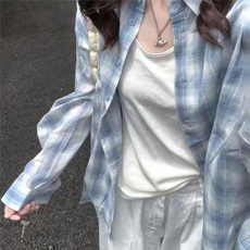 小清新中长蓝色格子长袖衬衫女秋季慵懒风polo领宽松防晒衬衣外套，男装防晒衣，星座1210-1