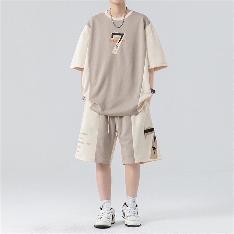 套装男夏季新款港风宽松拼接设计短袖T恤五分裤一套TZ6012特P45,男装T恤,星座301B-2（原A443-1）