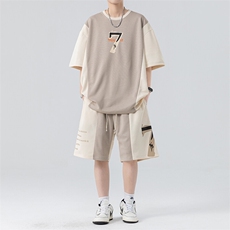 套装男夏季新款港风宽松拼接设计短袖T恤五分裤一套TZ6012特P45，男装T恤，星座301B-2（原A443-1）