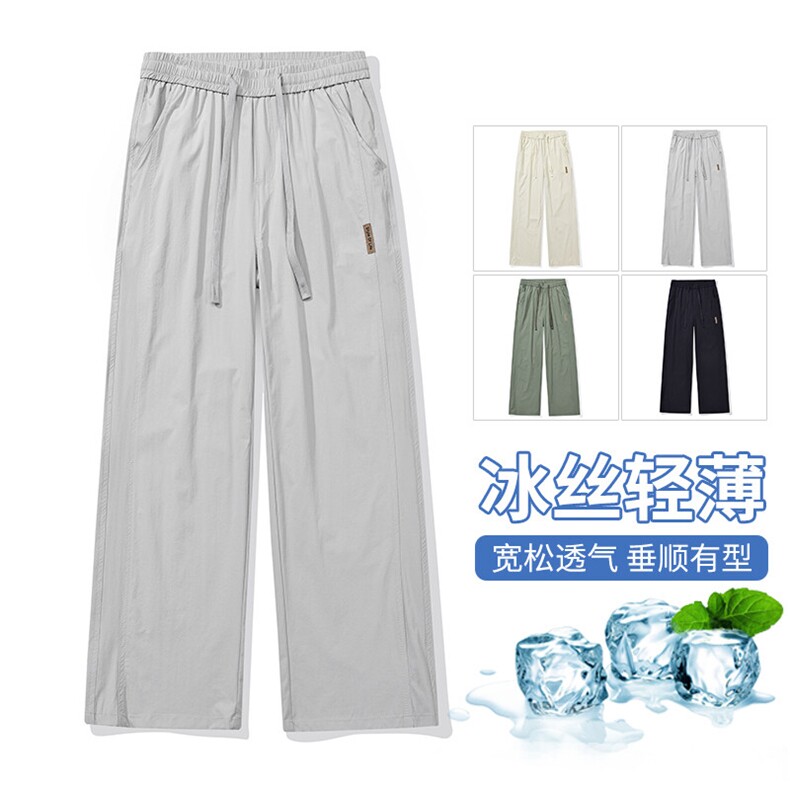 【现货】夏季新款冰丝休闲裤薄款宽松拼接港风松紧腰长裤1667-P40图片