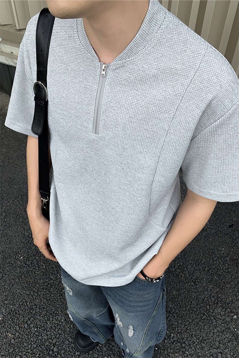 港风V领2025夏季新款男装华夫格宽松短袖T恤大码拉链衫S411特P20,男装T恤,电商A233-1