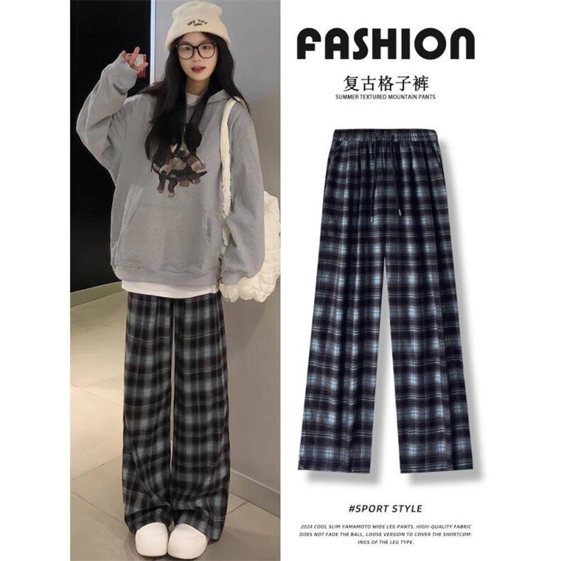 AK2426-p45美式复古格子直筒阔腿裤女春季2026新款高腰宽松长裤，女装休闲裤，星座617A-2