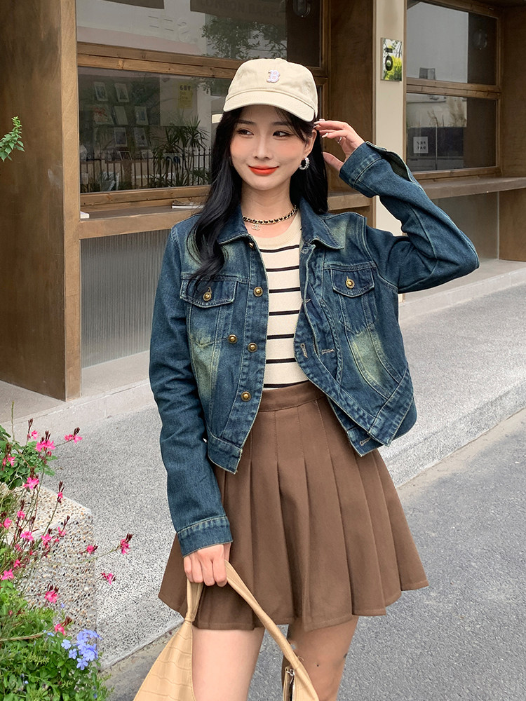 美式复古炸街设计感做旧蓝牛仔外套女2024高级百搭休闲短夹克上衣,女装短外套,MQ