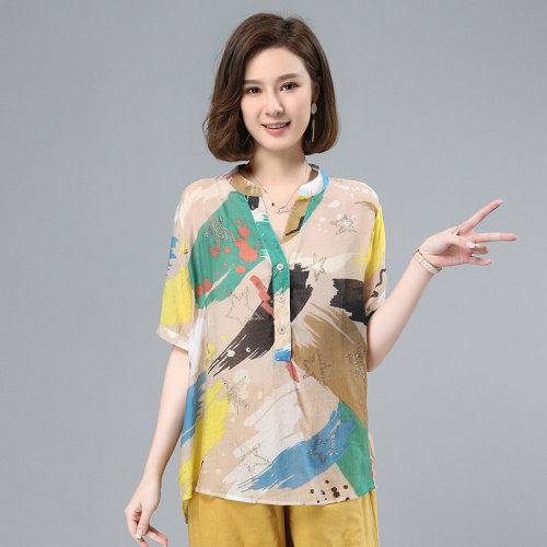 2021夏季新款时尚休闲镶钻印花宽松衬衫,女装衬衫,叶笙衣