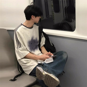 夏季美式高街重磅纯棉三条杠织带撞色男女短袖T恤ZD530-特P30图片