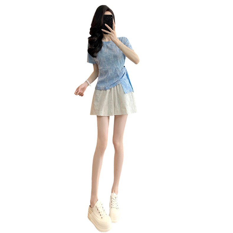 韩版时尚休闲套装女夏季款圆领独特侧绑带晕染短袖蕾丝短裤两件套,女装套装/套裙,江南