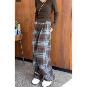 AK2468-P55 蓝色格子阔腿裤子女加绒kd抽绳高腰显瘦拖地休闲裤图片