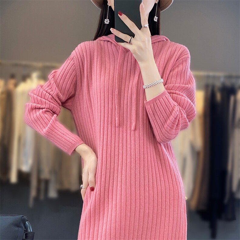 秋冬季新款女时尚中长款连帽竖条大码羊毛衫,女装羊毛衫,江杉羊绒