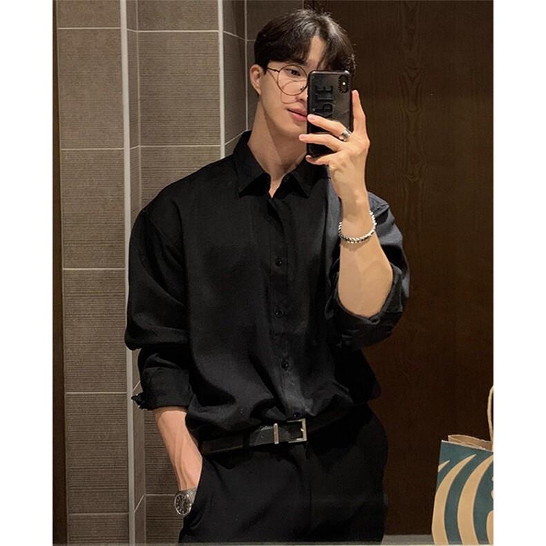 抖音得物二开高品质秋冬中性风冰丝休闲长袖衬衣垂感宽松上衣W88，男装衬衫，电商A486