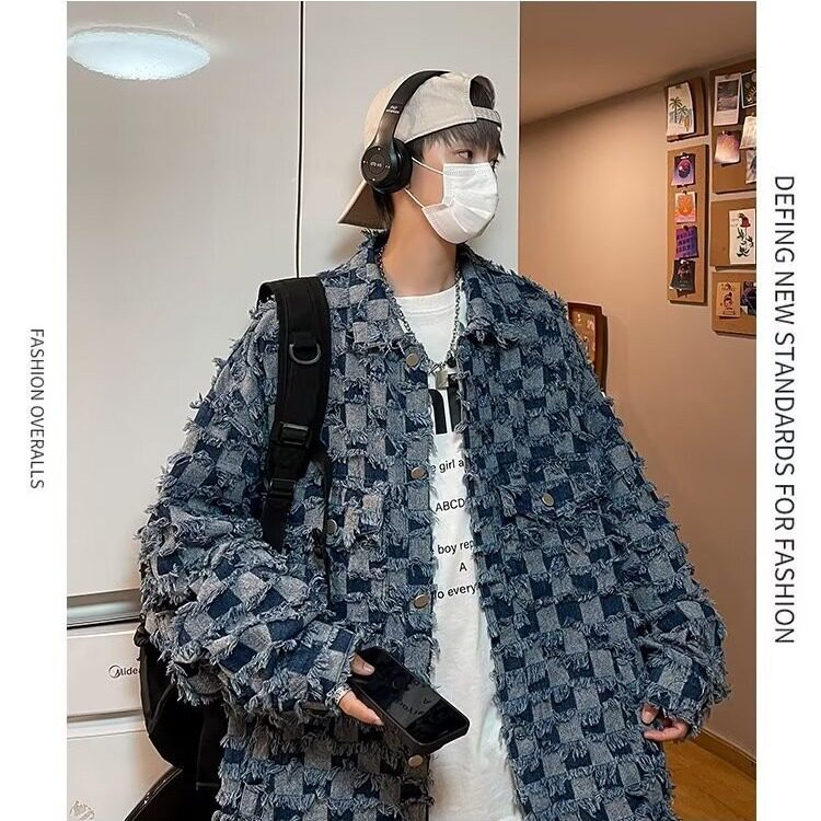 棋盘格牛仔外套男潮牌炸街宽松休闲痞帅长袖毛边夹克衫642/P70图片