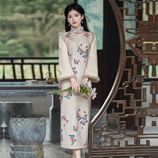新中式风立领玉兔提花微喇袖口加绒旗袍2654P155，女装汉服/婚纱/旗袍/礼服，乐衣轩