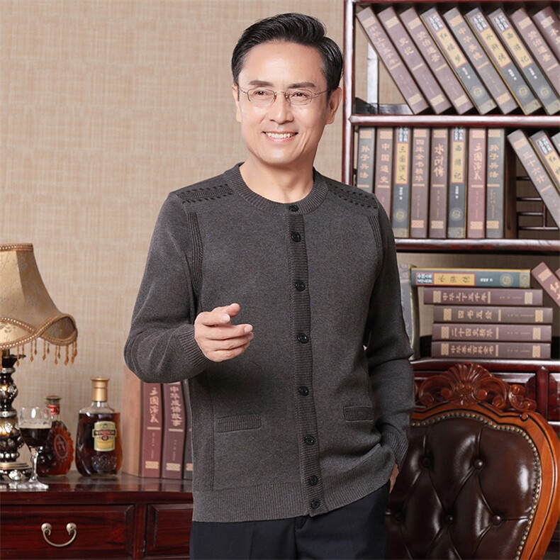 中老年男士圆领加绒加厚针织开衫上衣冬季新款商务休闲保暖打底衫,男装针织衫/毛衣,电商B212（原钱塘6029）
