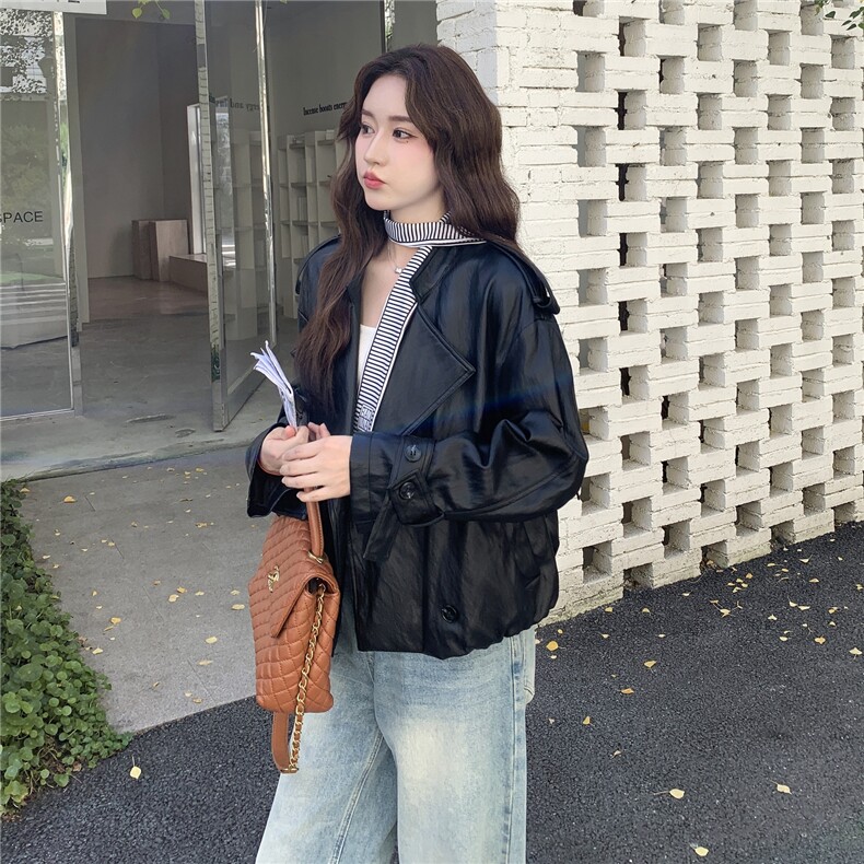 甜酷风黑色皮衣短外套女春秋2025新款爆款高级感PU夹克松弛感减龄,女装皮衣,2C057