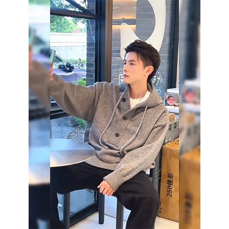重磅秋冬装北极绒开衫毛衣美式复古休闲慵懒风针织衫加厚连帽外套,男装针织衫/毛衣,电商A486