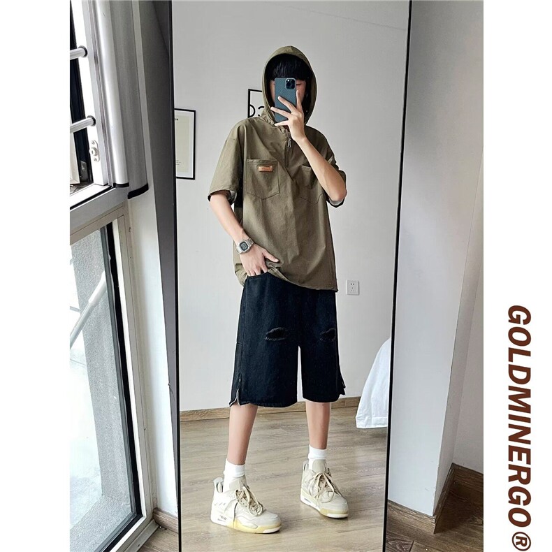 DW1269-P38连帽短袖T恤男款夏季日系口袋工装学生宽松五分袖卫衣,男装T恤,星座603-2