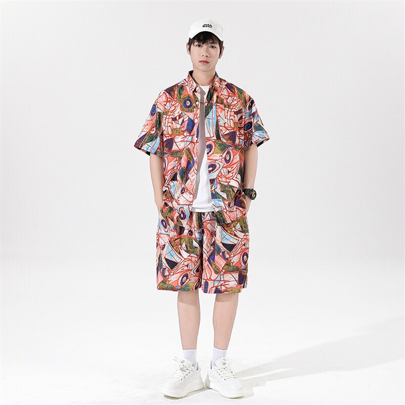 夏日大码套装宽松花衬衫男短袖痞帅休闲上衣两件套衣35裤23/P58,男装衬衫,电商A012
