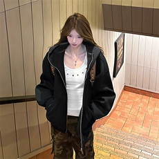 抖音得物高品质26春装美式高街重磅宽松结构高领连帽卫衣外套W60，女装短外套，电商A486
