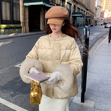 现货！（90新标带检）人丝提花新中式圆领狐狸毛贵气优雅羽绒服女，女装羽绒服，水衣源