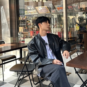 816B-PY013-P105 韩风男士简约宽松皮夹克黑色痞帅皮衣图片