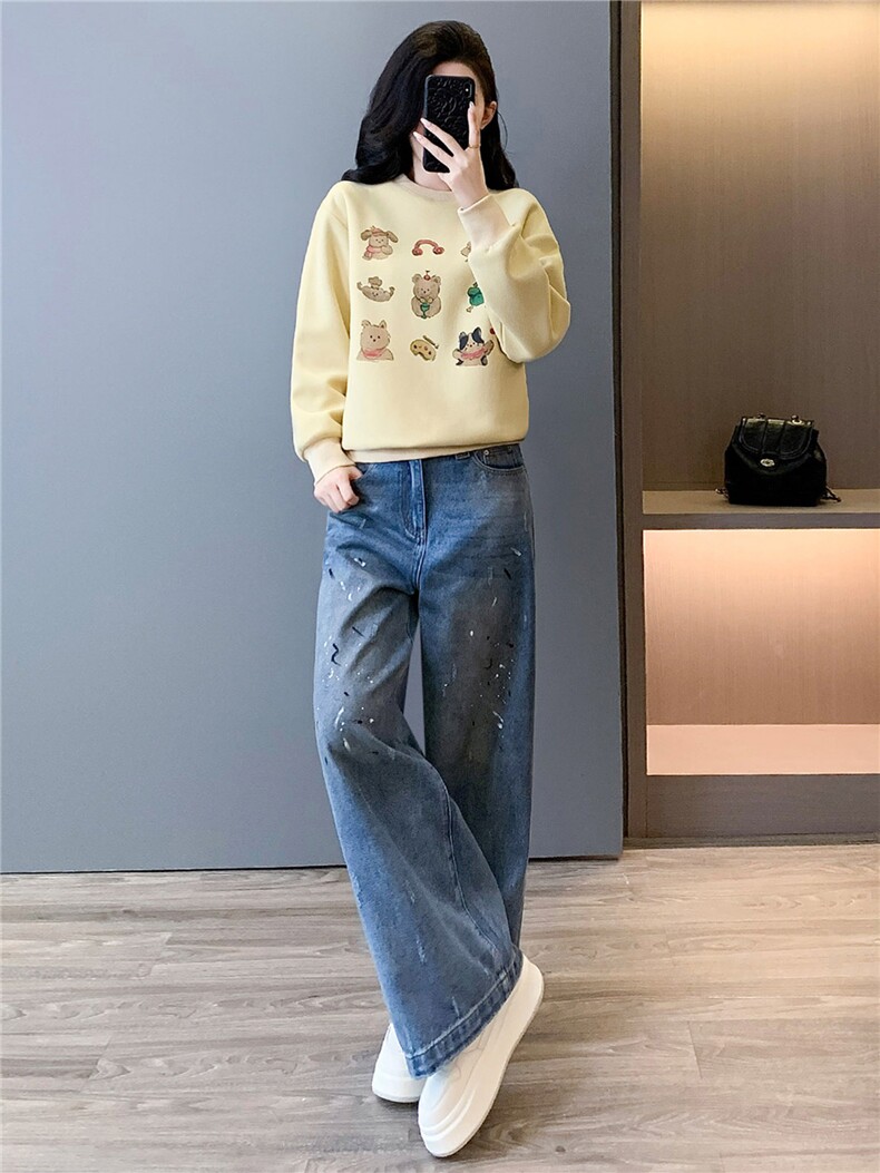 潮流时尚百搭套装女春季款时髦显瘦圆领印花长袖卫衣牛仔裤两件套,女装套装/套裙,江南
