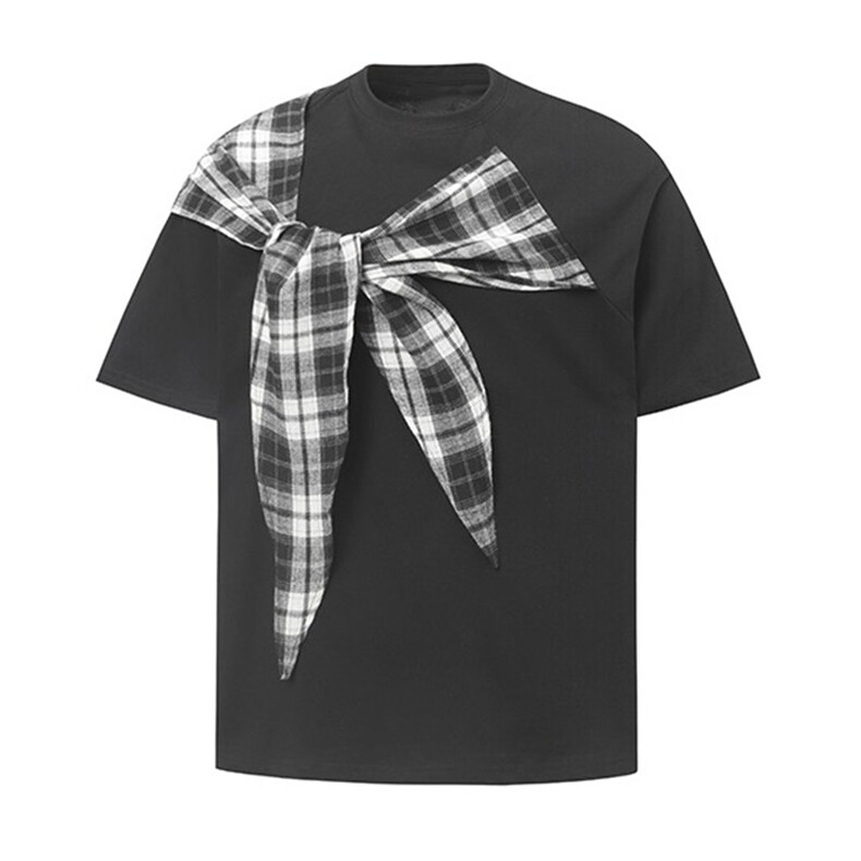 拼接格子布装饰高品质260克双纱纯棉美式高街短袖T恤特P35，男装T恤，电商A486