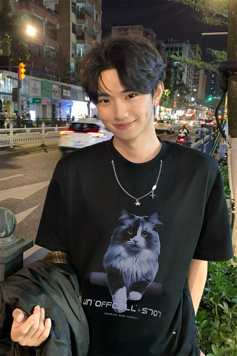 （260克双纱纯棉）美式设计感小猫情侣短袖T恤1015-T500-P50,男装T恤,四季星座1015