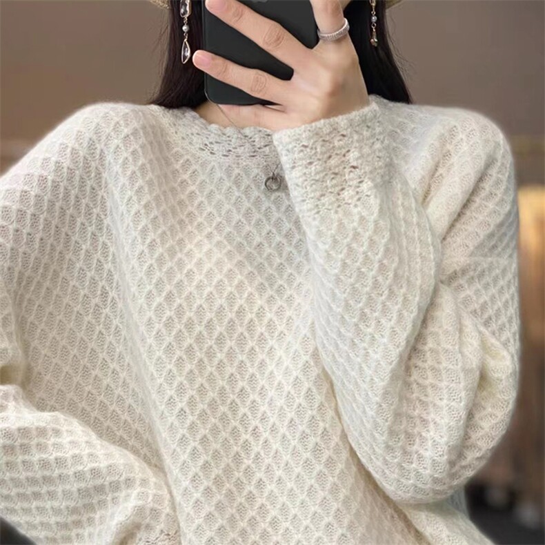 秋冬新款重工钩花圆领羊毛毛衫百搭显瘦保暖女款针织衫,女装羊毛衫,科源羊绒
