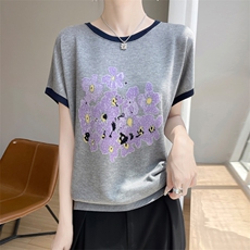 夏季新款莱赛尔天丝印花撞色圆领短袖女宽松百搭显瘦时尚上衣，女装T恤，暖娇绒包芯纱店