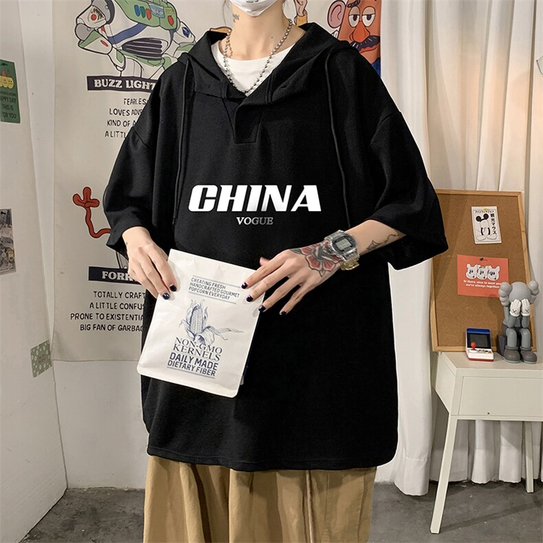 LD54001-P45连帽短袖t恤男大码胖子带帽五分袖中袖,男装T恤,电商A040