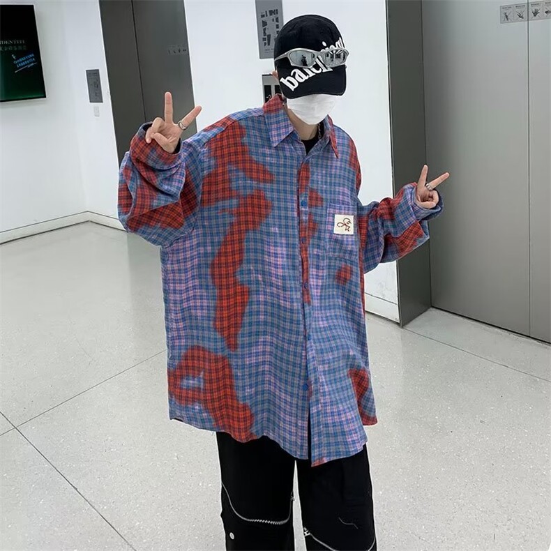 秋季新款拼色格子长袖衬衫男港风格子宽松衬衣外套C32-p48图片