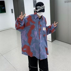 秋季新款拼色格子长袖衬衫男港风格子宽松衬衣外套C32-p48图片