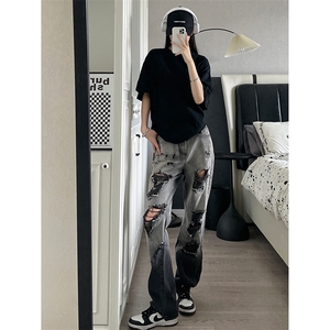 美式ins高街小众hiphop夏季破洞牛仔裤货号K729P60图片