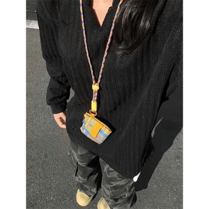 美式高街千鸟格子长袖T恤男女亨利V领英伦雅痞休闲宽松长袖打底衫,男生宽松牛仔裤衣服搭配图片