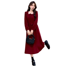 复古法式方领收腰连衣裙女2025秋季新款高级感中长款裙子，女装连衣裙，玖莱伊