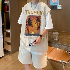 直播美式麂皮绒宽松背心无袖t恤短裤大码两件套套装TZ98-P58，男装T恤，电商A486