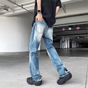 水洗蓝色闪电爆裂纹牛仔裤男高个子破洞微喇裤美式直筒裤G510-P45图片