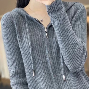 25秋冬新款100%羊毛连帽拉链开衫女羊绒针织宽松百搭坑条上衣外套图片